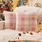 AQOTHES Pink White Plaid Winter Throw Pillow Covers 18x18 Inch Set of 2, Boucle Faux Fur Pillow Covers,Cozy Fluffy Home Living Room Farmhouse Decor for Sofa Couch Bed