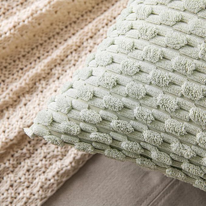 MIULEE Pack of 2 Decorative Throw Pillow Covers 18x18 Inch Soft Boho Striped Textured Corduroy Pillow Covers Modern Farmhouse Home Decor for Couch Bed Sofa Living Room Light Green