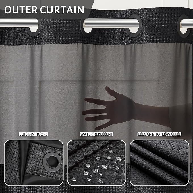 No Hook Waffle Weave Shower Curtain with Snap in Liner Set,Heavy Duty Fabric Textured Bathroom Curtain with Sheer Window,Waterproof & Machine Washable,Black,Stall Size 36x72 Inch