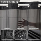 Extra Long No Hook Waffle Weave Shower Curtain with Snap in Fabric Liner Set,Heavy Duty Bathroom Curtains with See Through Window,Machine Washable & Waterproof,Black,71x84 Inch
