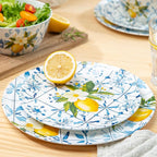 Bzyoo 12-Piece Melamine Dinnerware Set - Lemon Tiles | Lightweight, Durable, BPA-Free | Dishwasher Safe Dish Set for Indoor & Outdoor Use - Perfect for Camping, BBQs