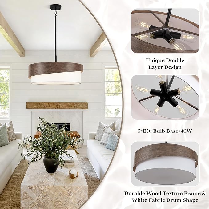 21.5'' Farmhouse Chandeliers for Dining Room Light Fixtures 5-Light Wood Grain Finish Drum Chandelier with Fabric Shade Round Rustic Pendant Lighting for Foyer Bedroom Living Room Kitchen，E26