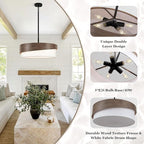 21.5'' Farmhouse Chandeliers for Dining Room Light Fixtures 5-Light Wood Grain Finish Drum Chandelier with Fabric Shade Round Rustic Pendant Lighting for Foyer Bedroom Living Room Kitchen，E26