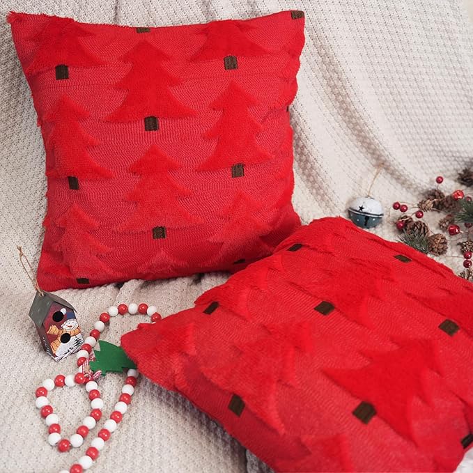 GEEORY Christmas Pillow Covers 26x26 Inch Set of 2, Christmas Decorations Xmas Tree Soft Plush Fluffy Faux Fur Decorative Throw Pillows Farmhouse Winter Cushion Case Red Brown GC035-26