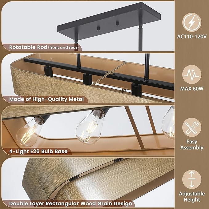 37.5 Inch Farmhouse Kitchen Island Lighting 4-Light Rectangle Dining Room Light Fixture Large Linear Chandelier with Wood Grain Finish for Dining Room Kitchen Bar Pool Table