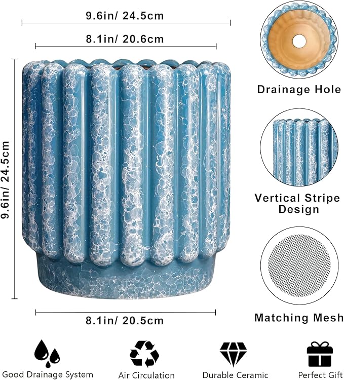 Ceramic Planter for Indoor Plants - 9.6 Inch Ceramic Plant Pots with Drainage Hole, Large Flower Pots Outdoor, Fluted Decorative Round Planter, Front Door Decor, Housewarming Gifts, Blue