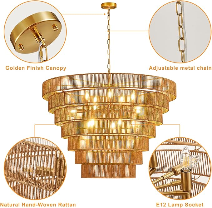 39.4" Large Hand-Woven Rattan Chandelier Vintage Farmhouse 15-Lights Boho Bamboo Chandelier Light Fixture Retro Drum Wicker Rattan Golden Chandeliers for Dining Room, Kitchen, Living Room, E12