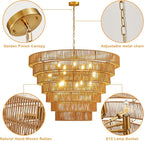 39.4" Large Hand-Woven Rattan Chandelier Vintage Farmhouse 15-Lights Boho Bamboo Chandelier Light Fixture Retro Drum Wicker Rattan Golden Chandeliers for Dining Room, Kitchen, Living Room, E12