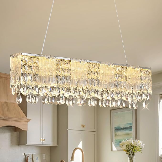 Crystal Linear Chandelier,Modern Rectangular Pendant Light, Glass Chandeliers Elegant Long Bar Hanging Light Fixture for Dining Room, Kitchen Island, Living Room
