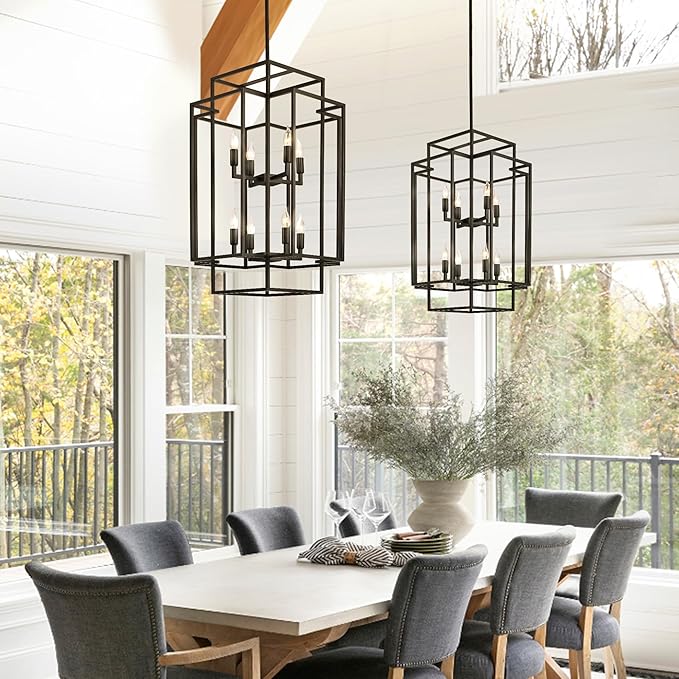 Black Farmhouse Modern Chandelier, 8-Light Tiered High Ceiling Chandeliers, Foyer Lighting Fixtures, Industrial Hanging Metal Lantern Pendant Light, for Livin Room,Entryway,Staircase,Hallway