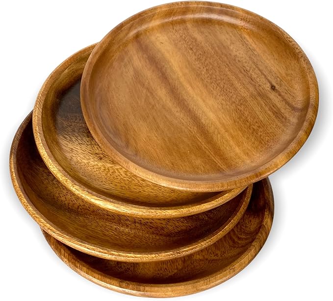 Acacia Wooden Plates – Set of 4, 8” Round Rustic Side Dish & Dessert Plates, Handcrafted Natural Tableware for Appetizers, Snacks, Dining, or Gift
