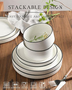Sweejar Porcelain Dinnerware Sets for 4, 12 Pieces Ceramic Plates and Bowls Set, Classic Modern Simple Kitchen Dinner Dining Ware Set, Dishwasher and Microwave Safe Dishes Sets(Pure White-Black Rim)