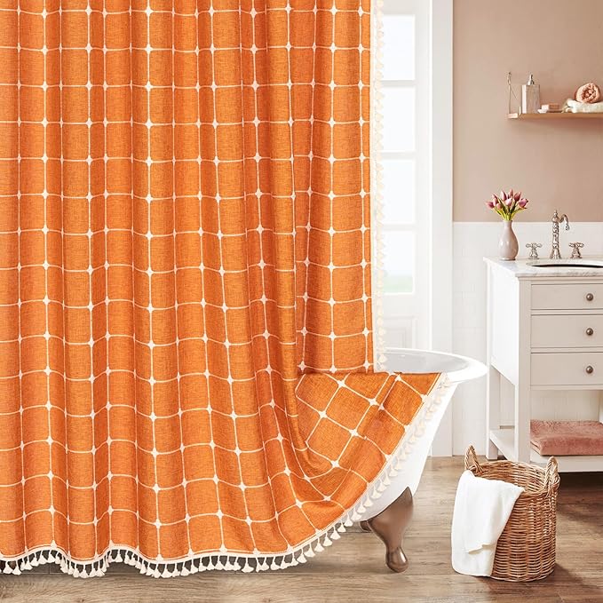 MitoVilla Orang Farmhouse Shower Curtain Set 72 x 78, Boho 78 inch Long Polyester Linen Tassel Fabric Shower Curtain Set for Chic Cottagecore French Rustic Bathroom Decor