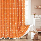 MitoVilla Orange Boho Extra Long Shower Curtain 72 x 84, Modern Farmhouse 84 inch XL Polyester Linen Texture Tassel Fabric Shower Curtain Set with Hooks for Cottagecore Country Bathroom Decor