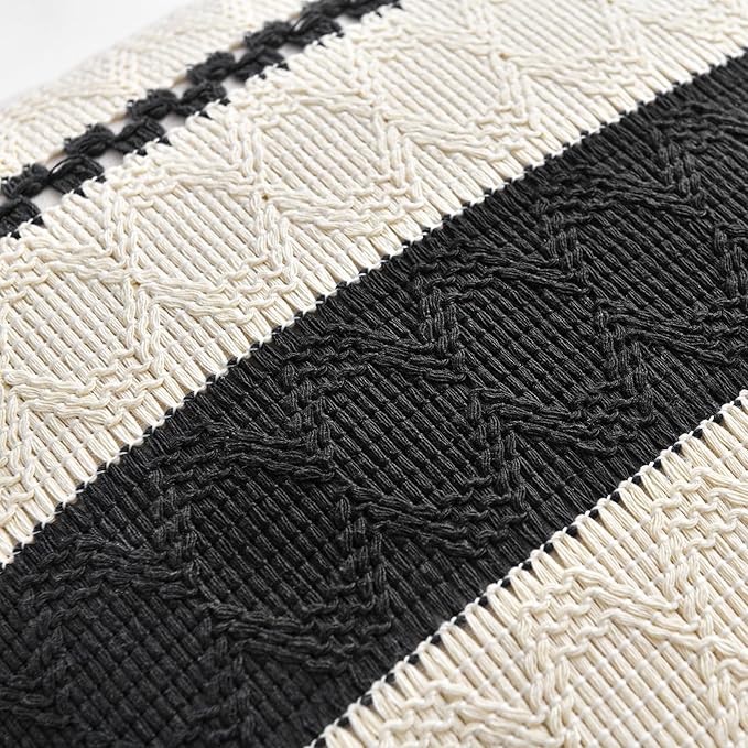 Fancy Homi Set of 2 Boho Black Long Lumbar Decorative Throw Pillow Cover 12x24 Inch for Couch Bed Sofa Chair, Modern Organic Farmhouse Home Decor, Soft Cotton Cute Accent Rectangle Cushion Case