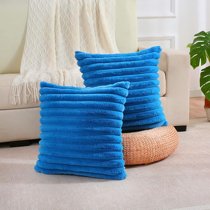 FUTEI Royal Blue Striped Decorative Throw Pillow Covers 26x26 Inch Set of 2,Square Winter Decorations Couch Euro Pillow Shams,Soft Cozy Faux Rabbit Fur & Velvet Back,Modern Home Decor for Bed