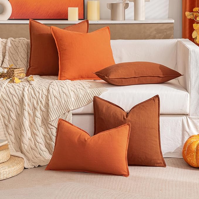 MIULEE Fall Decorative Linen Pillow Covers 16x16 Inch Burnt Orange Boho Farmhouse Neutral Couch Throw Pillows for Bed Pack of 2 Accent Modern Pillowcase Summer Sofa Livingroom Home Decor