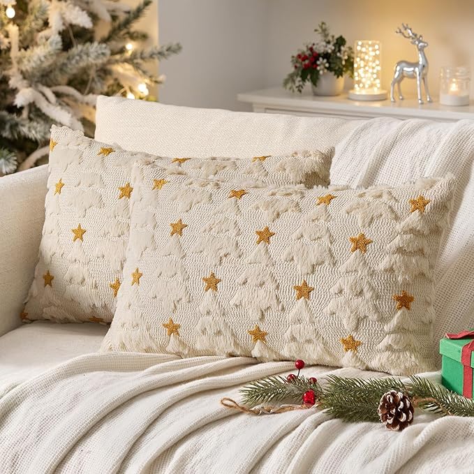 MIULEE Christmas Pillow Covers 12x20 Inch Set of 2, Beige Christmas Tree Plush Faux Fur Pillowcases Soft Decorative Throw Pillow Cases for Couch Sofa Living Room Winter Xmas Holiday Home Decor