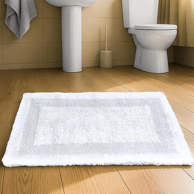 Cotton Bath Mat Rug for Bathroom - White, Reversible Bath Rugs Soft & Absorbent Quick Dry Mats, Washable Plush Hotel Quality Tufted Floor Step Out Mat for Bath Tub, Shower, Toilet - 17x24 Inches