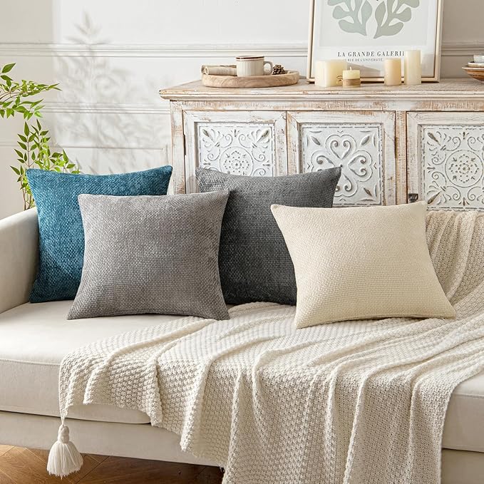 MIULEE Pack of 2 Couch Throw Pillow Covers 18x18 Inch Coastal Teal Modern Boho Accent Decorative Pillow Covers Soft Chenille Farmhouse Cushion Covers for Home Decor Bed Sofa Living Room