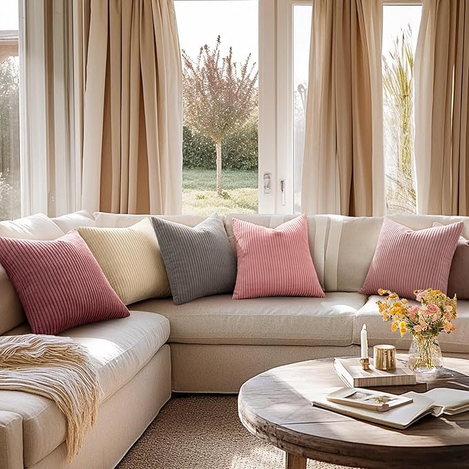 MIULEE Pack of 2 Corduroy Pillow Covers Soft Soild Striped Throw Pillow Covers Set Decorative Square Cushion Cases Pillowcases for Spring Sofa Bedroom Couch 16 x 16 Inch Beige