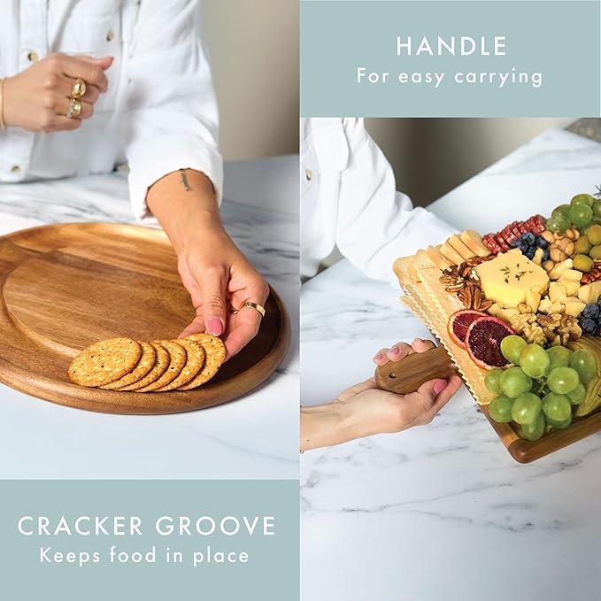 Charcuterie Board - Acacia Wood Cutting Board for Kitchen with Groove & Handle, Cheese Board for Vegetables, Bread, Fruits, Meat - Decorative Wooden Serving Tray House Warming Gift