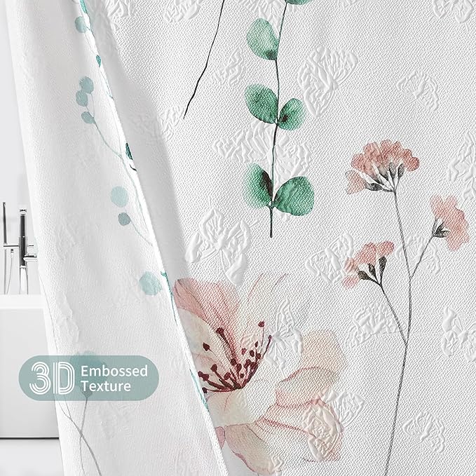 QiyI Watercolor Floral Shower Curtain, 3D Embossed Butterflies Sage Green Flower Bathroom Curtain, Minimalist White Cloth Bath Curtains, Waterproof Fabric Textured Shower Curtain Set with Hooks, 72x72