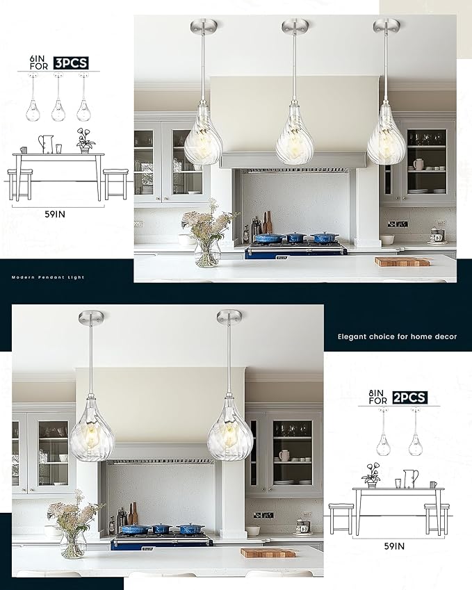 TENGXIN 6 Inch Mini Hanging Light for Kitchen Island,Kitchen Pendant Lighting Over Island,Brushed Nickel Finished Blue Glass Pendant Light,Farmhouse Pendant Light for Dining Room