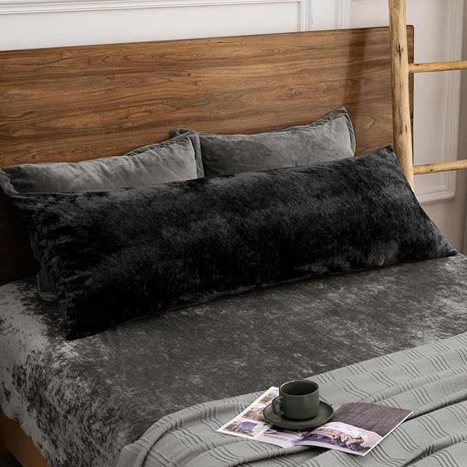 PHF Truly Velvet Zippered Body Pillowcase, No Insert, 1 Pack Ultra Soft Breathable Pillow Sham Cover with Zipper, 20"X 54" Long Luxury Cozy Warm Fuzzy Flannel Body Pillow Case, Black