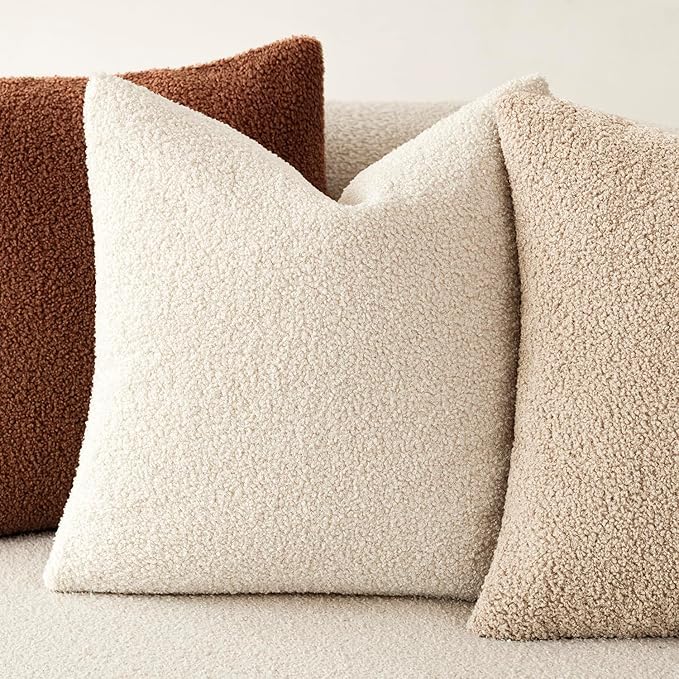 Foindtower Pack of 2, Curly Faux Fur Decorative Throw Pillow Covers Soft Fuzzy Plush Cushion Case with Zipper Cozy Pillowcase for Home Living Room Couch Bed Sofa 18 x 18 Inch,Light Ivory