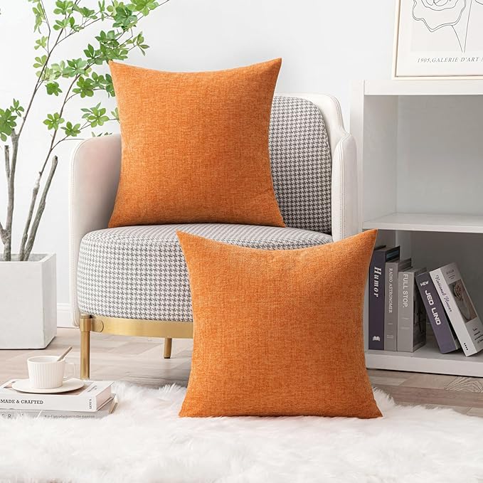 MIULEE Fall Pack of 2 Orange Throw Pillow Covers 16x16 Inch Soft Chenille Pillow Covers for Sofa Living Room Couch Solid Dyed Cases