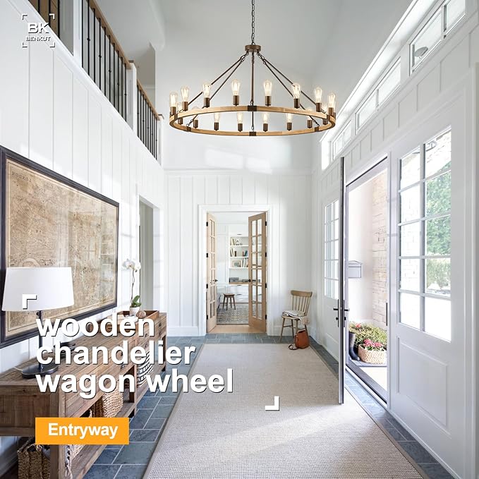 Farmhouse Wagon Wheel Chandelier 47" Wooden Rustic Light Fixtures 18-Light Wood Round Chandelier for Foyer Living Room Entryway Dining Room
