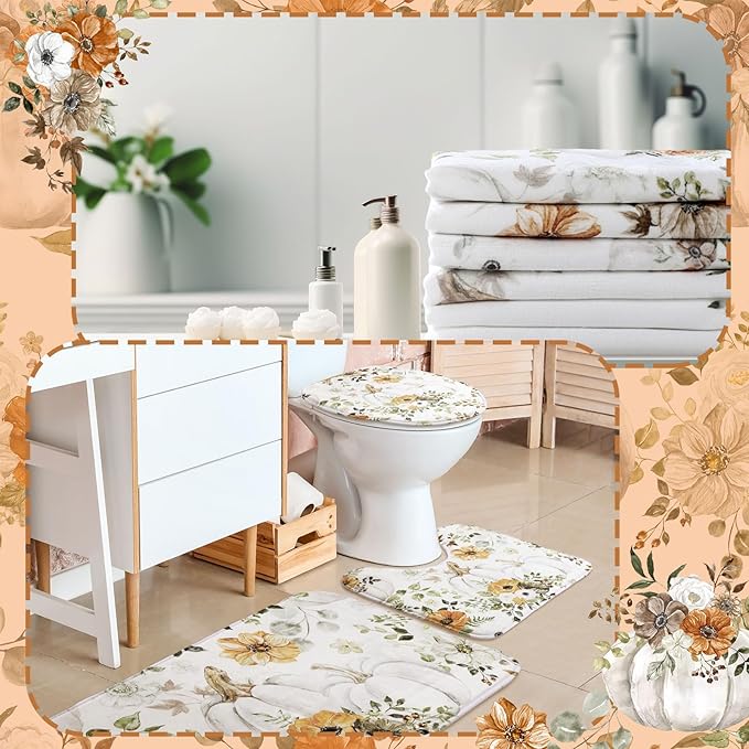 Newwiee 7 Pcs Fall Pumpkin Shower Curtain Sets Vintage Pumpkin Bathroom Set Thanksgiving Bathroom Curtain Shower Set Include Towels Non Slip Rugs Toilet Lid Cover Bath Mat(Autumn Pumpkins Flowers)