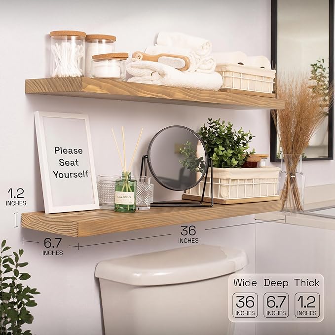 BAOBAB WORKSHOP Natural Wood Floating Shelves for Wall 36 Inches Long, Heavy Duty Wall Shelf for Bedroom, Solid Wooden Bathroom Shelf Large Kitchen Farmhouse, Oak Floating Shelf, 36W × 6.7D, Set of 2
