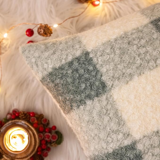 AQOTHES Light Green White Plaid Winter Throw Pillow Covers 18x18 Inch Set of 2, Boucle Faux Fur Pillow Covers,Cozy Fluffy Home Living Room Farmhouse Decor for Sofa Couch Bed