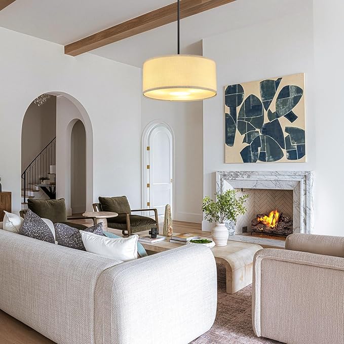 16'' Modern Chandelier, 3-Light Drum Chandelier with Classic Fabric Linen Shade, Farmhouse Adjustable Pendant Light Fixture for Dining Room, Bedroom, and Kitchen
