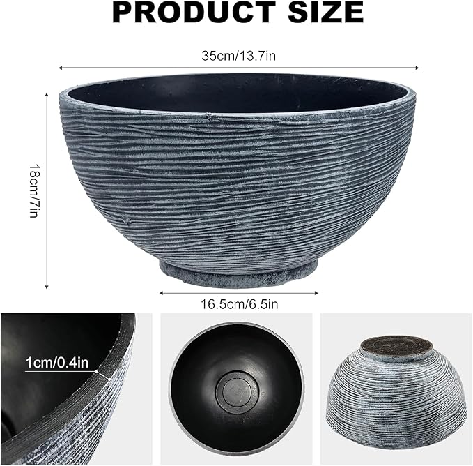 13.7inch Large Lotus Bowl Planter Garden Water Plant Pot Bird Bath Bowl Landscaping Planter Water Lily Pots for Outdoor Indoor Planting in Water Small Fountain Base Mini Fish Pond (Grey)
