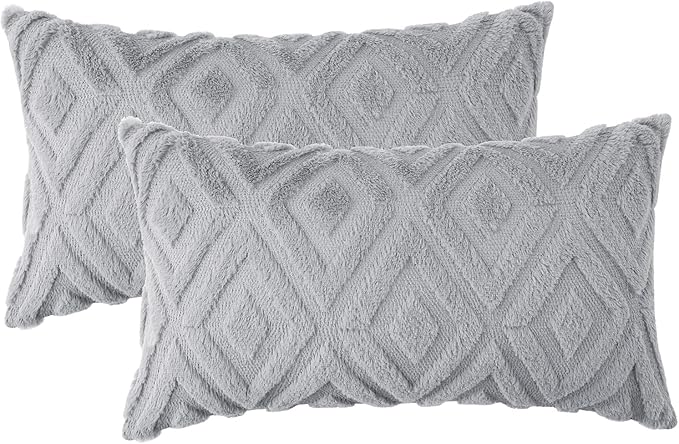 Pallene Grey Throw Pillow Covers 12x20 Set of 2, Soft Plush Faux Fur Decorative Lumbar Couch Pillow Covers for Sofa Bed Living Room Pillow Cases with 3D Diamond Pattern