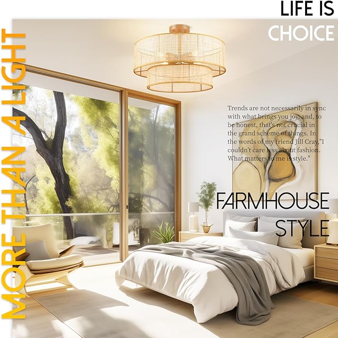 Hamilyeah 20 inch Ceiling Light Fixture Flush Mount Double Layer, Boho Light Fixture Ceiling Mount Wicker Shade, Bamboo Woven Rattan Ceiling Light for Living Room, Bedroom, Dining Room
