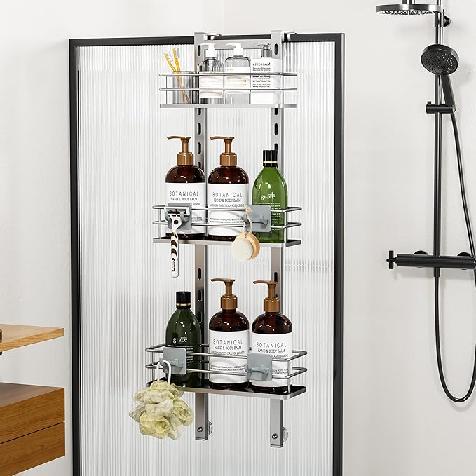 Orimade Adjustable Hanging Over the Shower Door Caddy with Hooks, Bathroom Organizer Shelf Storage Rack,No Drilling Rustproof Basket for Inside Shower, Sliver 3 Tier