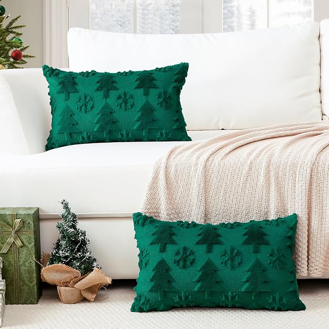 OTOSTAR Set of 2 Xmas Soft Plush Short Wool Velvet Decorative Throw Pillow Covers Rectangular Luxury Style Cushion Case Pillow Shell for Sofa Bedroom Tree and Snowflake Green, 16x24 Inch