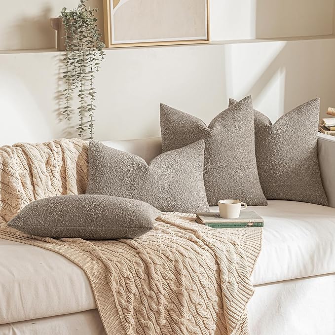 MIULEE 24x24 Decorative Euro Sham Throw Pillows for Bed Set of 2 Textured Boucle Neutral Winter Throw Pillow Covers Light Taupe Accent Solid Couch Pillowcases Sofa Livingroom Home Decor