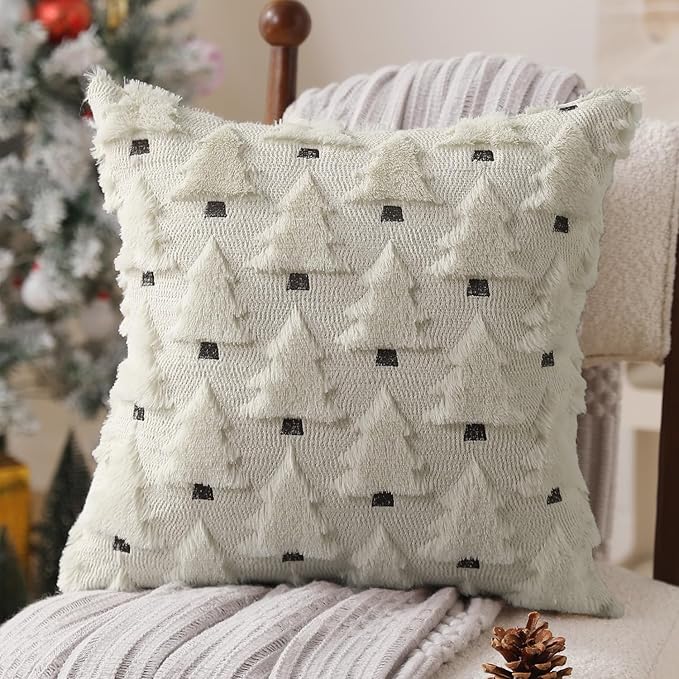 Christmas Pillow Covers 20x20 inch Set of 2 Christmas Decorations Soft Plush Faux Fur Wool Cream White Xmas Tree Throw Pillow Cases Winter Holiday Decor for Sofa Living Room PT-002D20