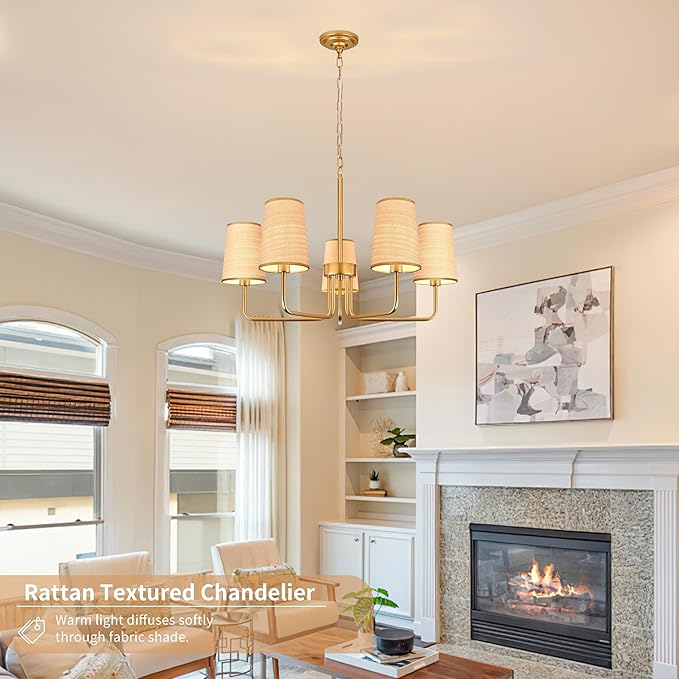 28" Gold Boho Rattan Chandelier for Living Room 5-Light Coastal Farmhouse Chandeliers for Dining Room Adjustable Rustic Boho Pendant Light Fixture Bedroom Kitchen Island Entryway Foyer