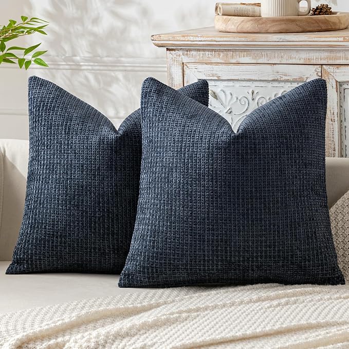 MIULEE Pack of 2 Couch Throw Pillow Covers 18x18 Inch Coastal Navy Blue Modern Boho Accent Decorative Pillow Covers Soft Chenille Farmhouse Cushion Covers for Home Decor Bed Sofa Living Room