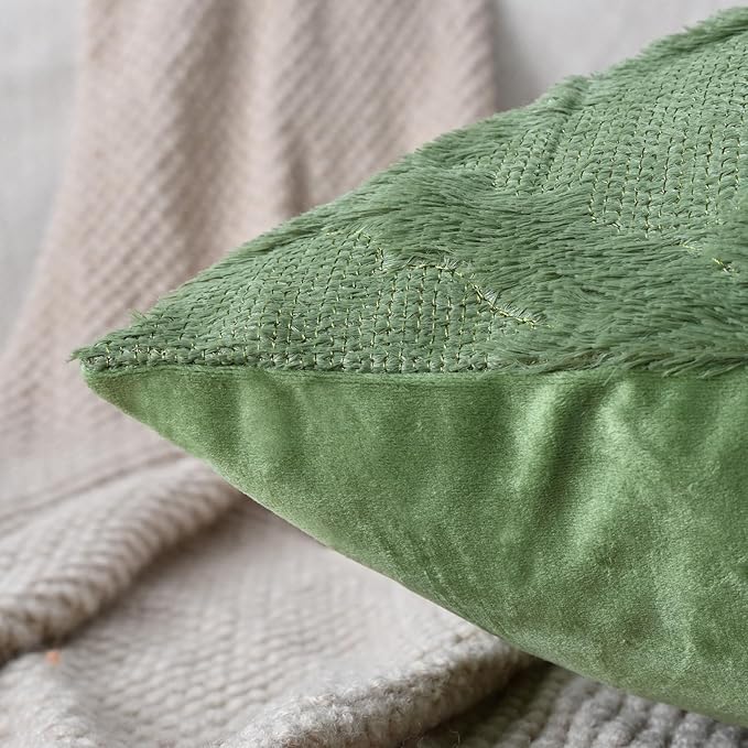Set of 2 Soft Moroccan Throw Pillow Covers 18x18 Inch Plush Boho Decorative Pillow Cover Accent Cushion Case for Couch Sofa Bed, Olive Green