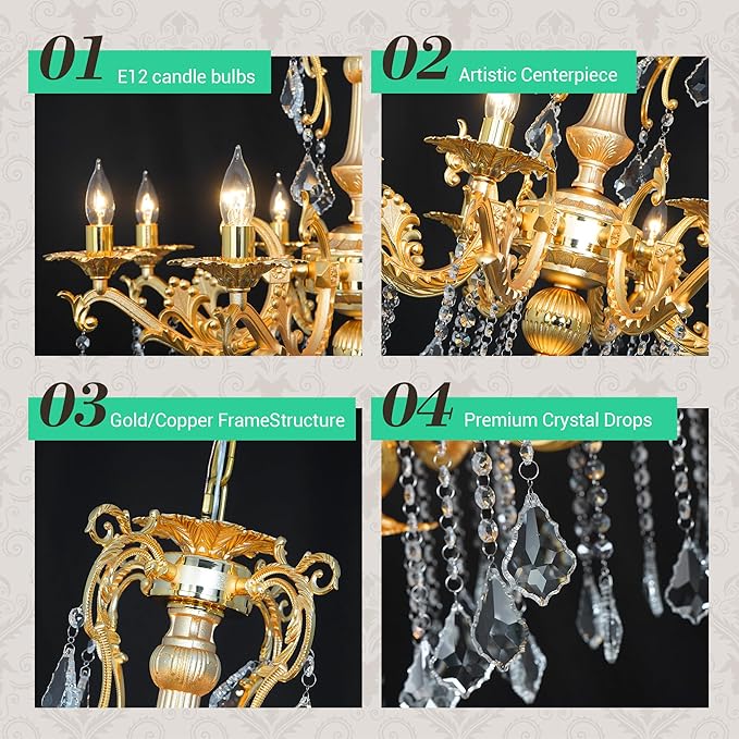 Luxury Gold Crystal Chandelier, 30" Vintage K9 Crystal Pendant Light with 8 Lights, Antique Brass Finish Ceiling Light Fixture with Scrolled Arms for Dining Room Living Room Foyer Villa Hotel