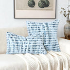 Boho Chenille Tufted Pillow Cover 20x20 Inch Set of 1, Farmhouse Striped Decorative Pillow Covers Accent Fluffy Neutral Square Pillowcases for Couch Sofa Bedroom Living Room, Blue White