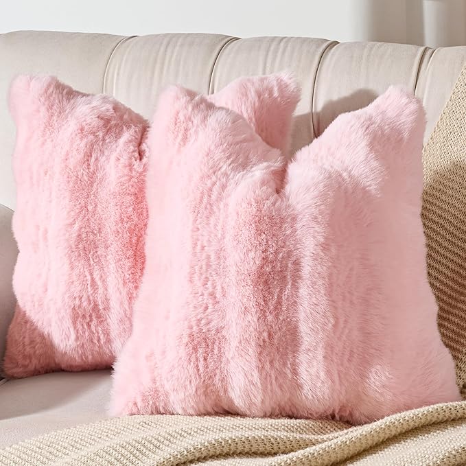 AmHoo Pack of 2 Throw Pillow Covers 3D Dense Faux Rabbit Fur Cozy Super Soft Fuzzy Set Case Cushion for Couch Sofa Bedroom 20 x 20-Inch Pink