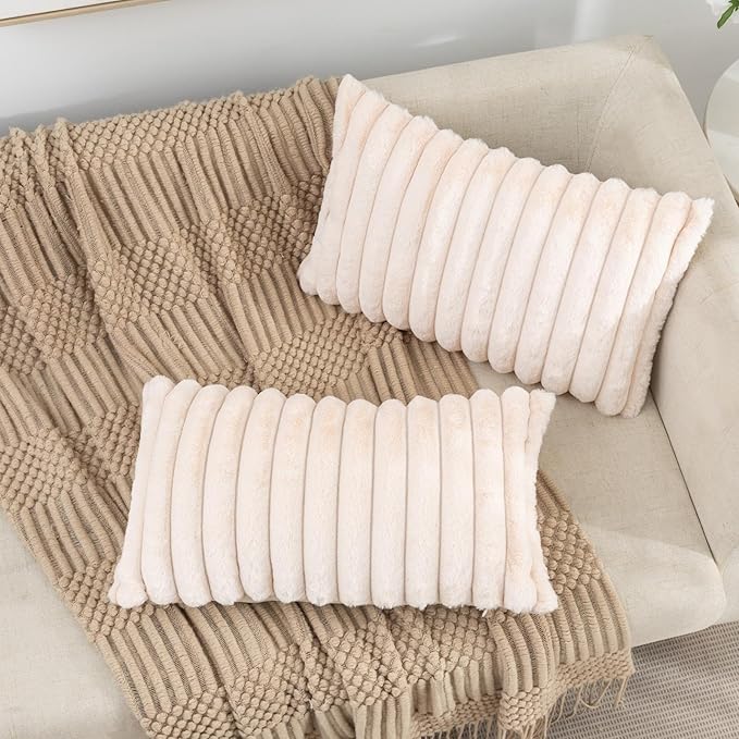 ZLINA Set of 2 Beige Faux Fur Decorative Throw Pillow Covers Fluffy Striped Pillowcase Cushion Covers 12 x 20 Inch Decor Sofa Couch Bedroom